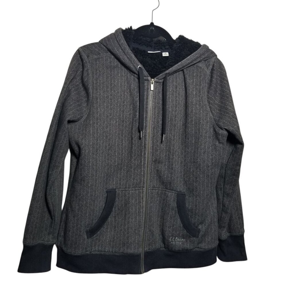 LL Bean Sherpa Lined Hoodie Jacket Mens Herringbone Pattern Grey Black Sz M